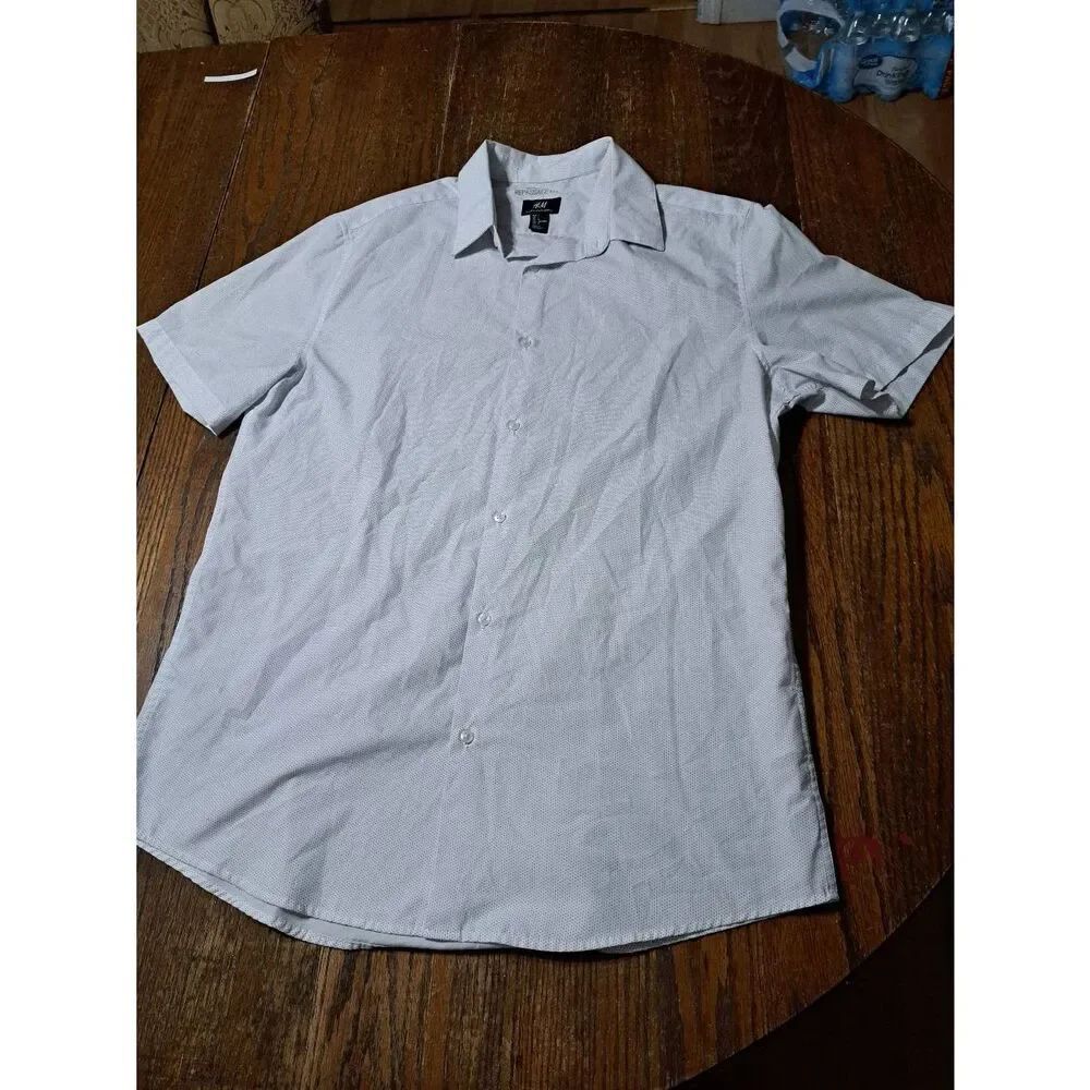 Large H&M Slim Fit Short Sleeve Button Front Dress Casual Shirt White Blue